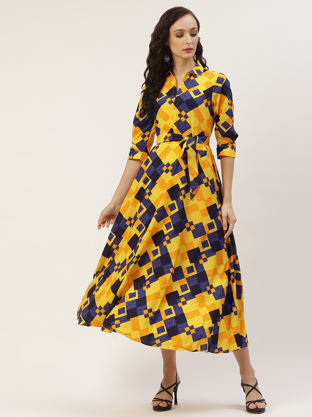 

Deewa Navy Blue & Yellow Crepe Maxi Dress