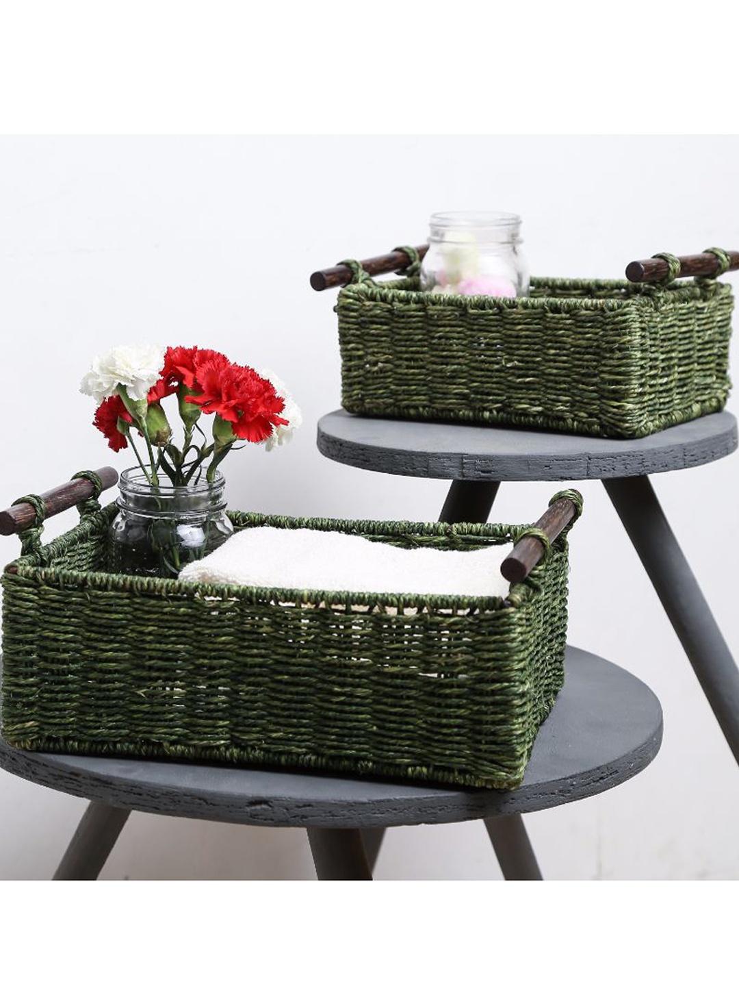 

Unravel India Set Of 2 Green Sabai Grass Utility Baskets