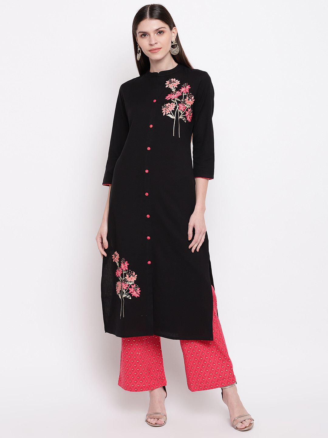 

Palakh Women Black Floral Embroidered Regular Pure Cotton Kurta with Palazzos