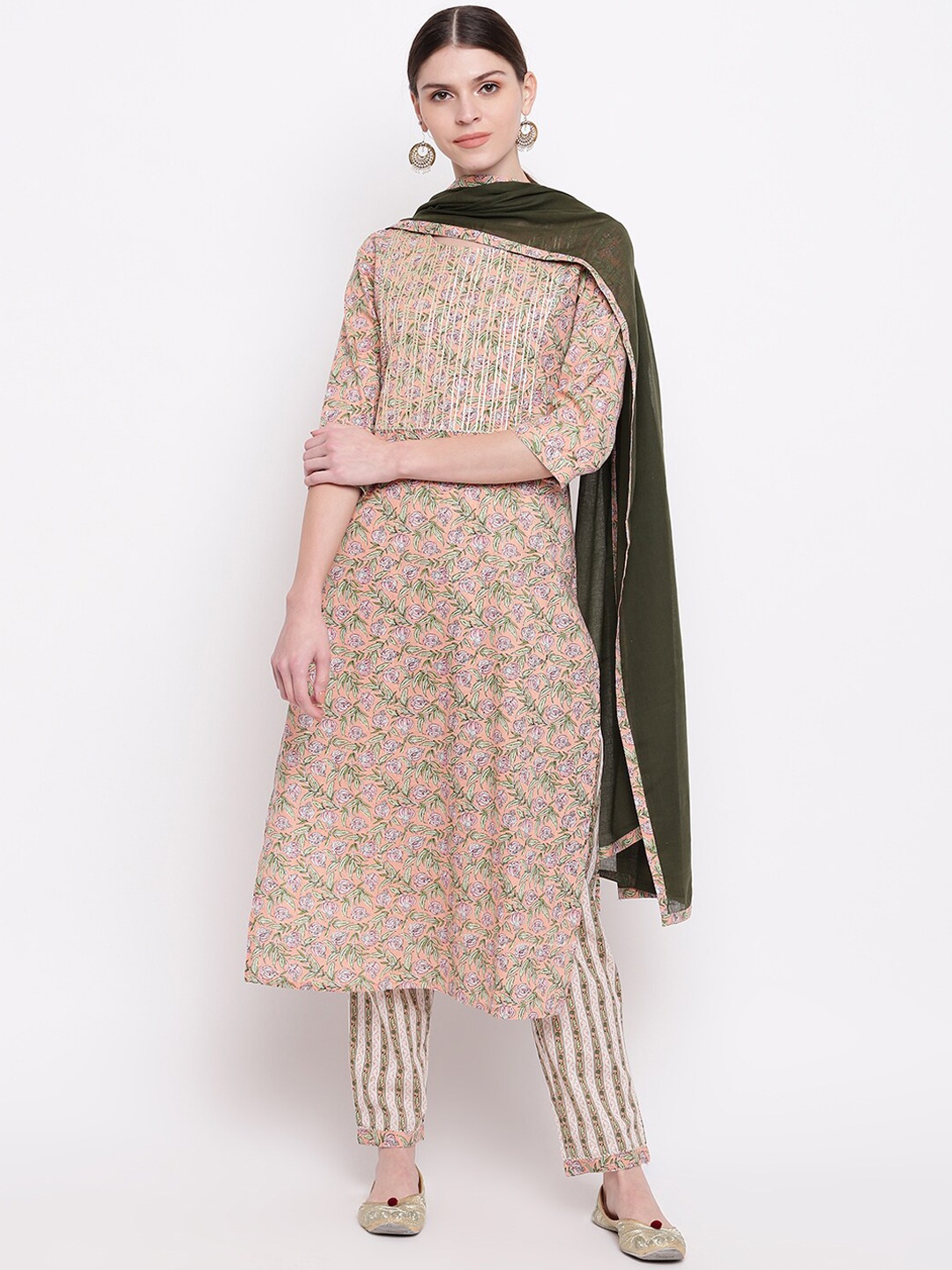 

Palakh Peach-Coloured Floral Printed Gotta Patti Pure Cotton Kurta &Trousers With Dupatta