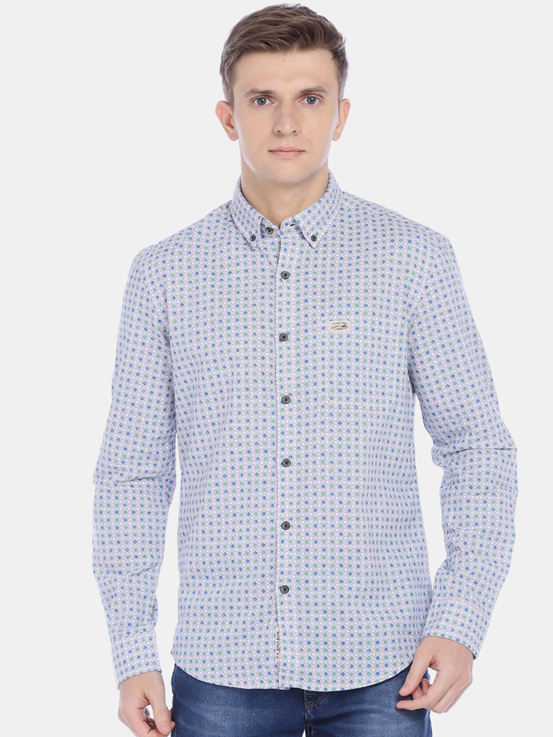 

U.S. Polo Assn. Denim Co. Men Grey & Blue Opaque Printed Pure Cotton Casual Shirt