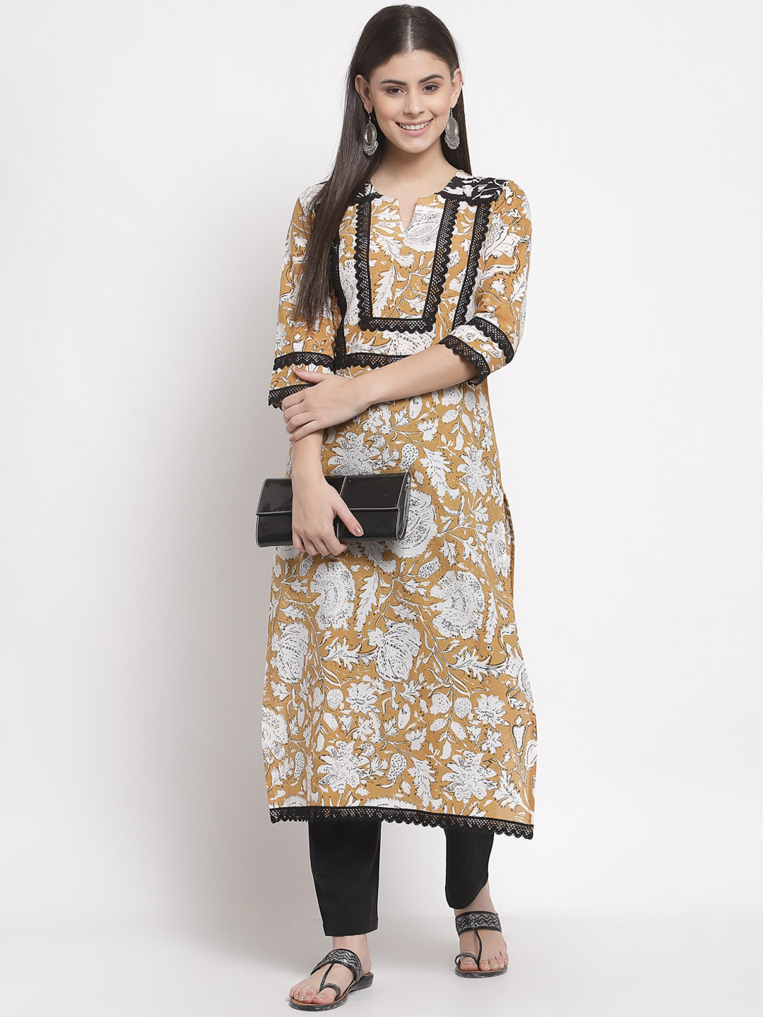 

Yuris Women Mustard Yellow & Black Floral Printed Pure Cotton Kurta