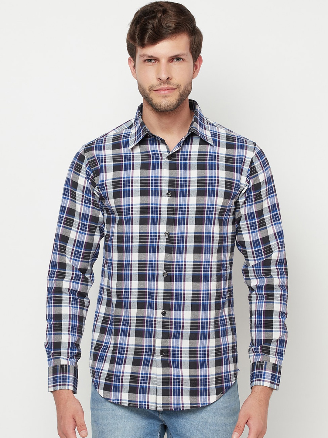 

Purple State Men Blue Slim Fit Tartan Checks Opaque Checked Casual Shirt