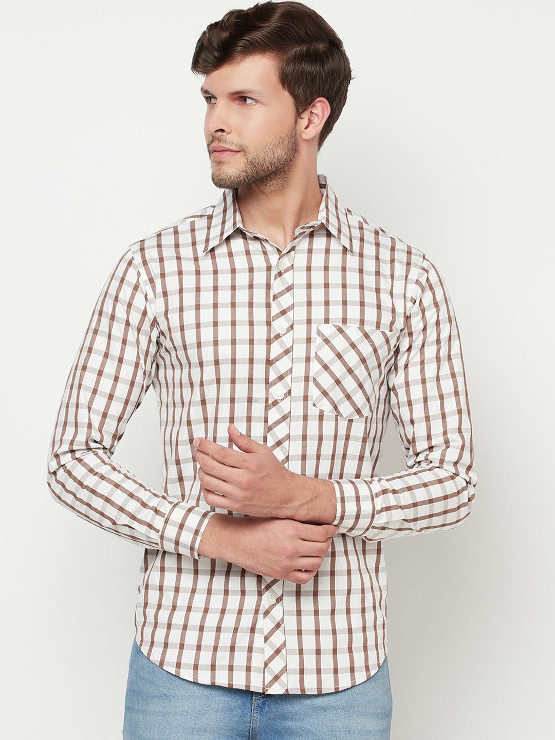 

Purple State Men White Slim Fit Checked Casual Shirt
