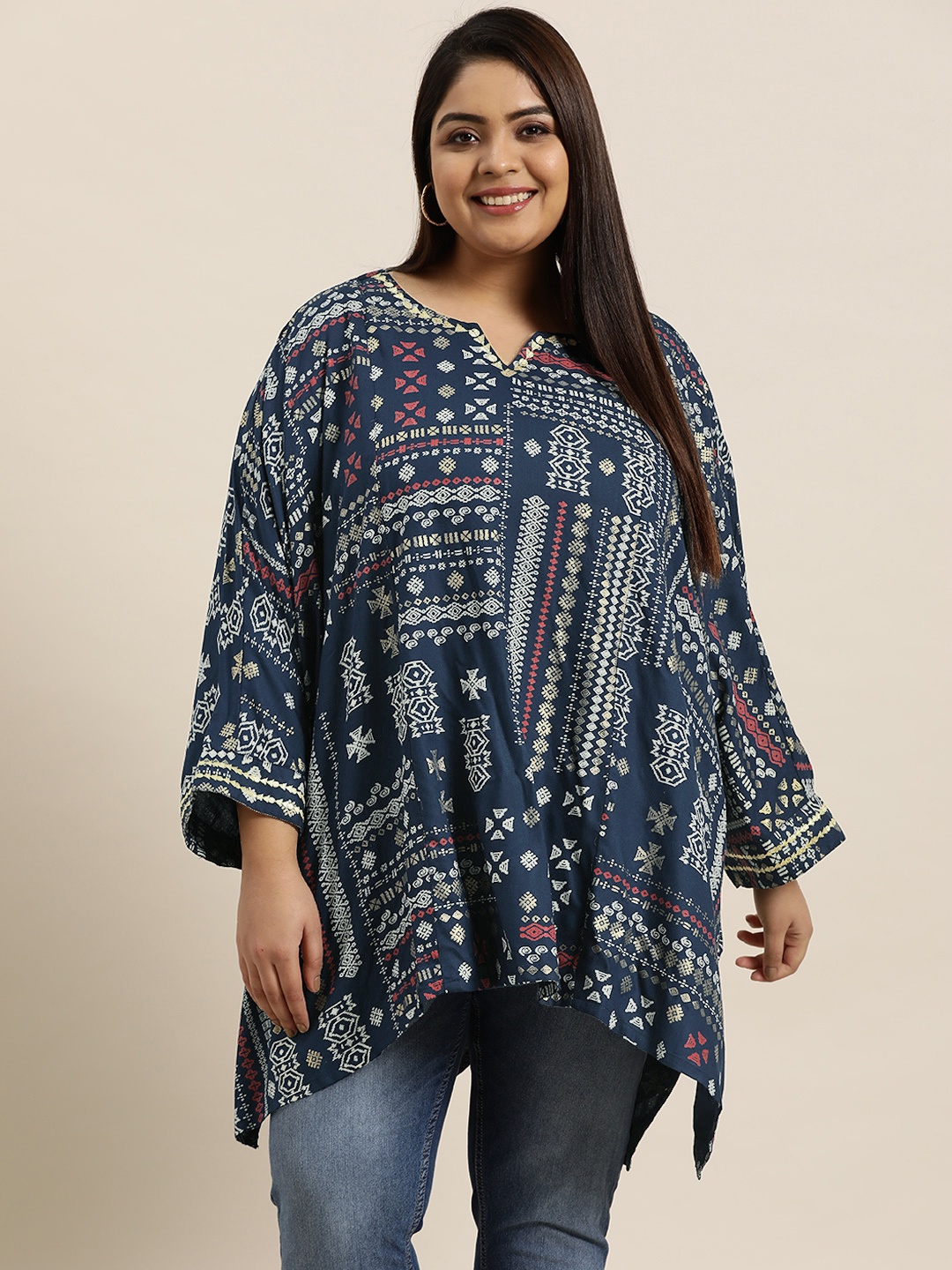 

Sztori Women Plus Size Navy Blue & White Ecovero Ethnic Motifs Printed Kaftan Kurti