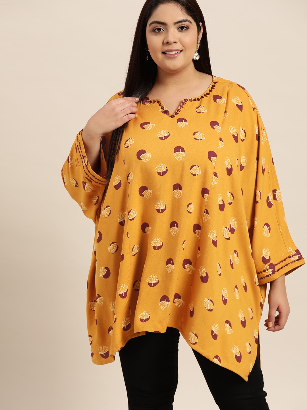 

Sztori Plus Size Mustard Yellow Ecovero Ethnic Motifs Print Kaftan Kurti