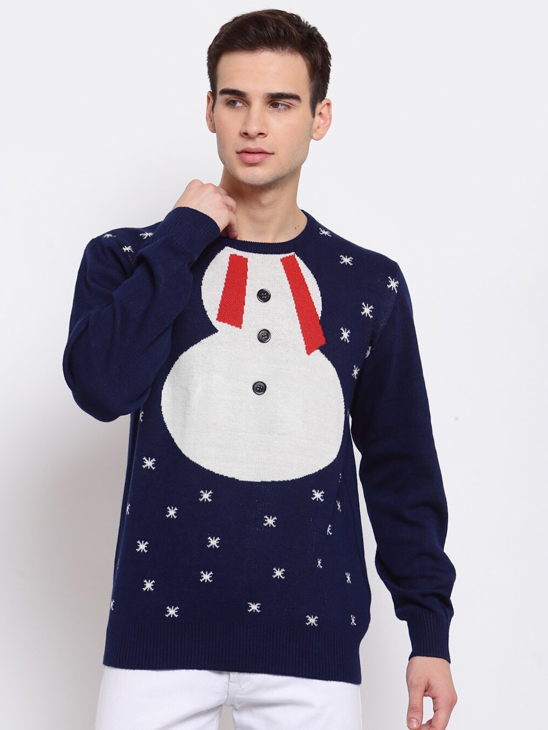 

Style Quotient Men Navy Blue & White Christmas Pullover