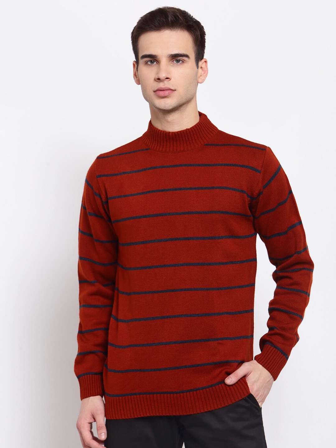 

Style Quotient Men Maroon & Navy Blue Striped Pullover