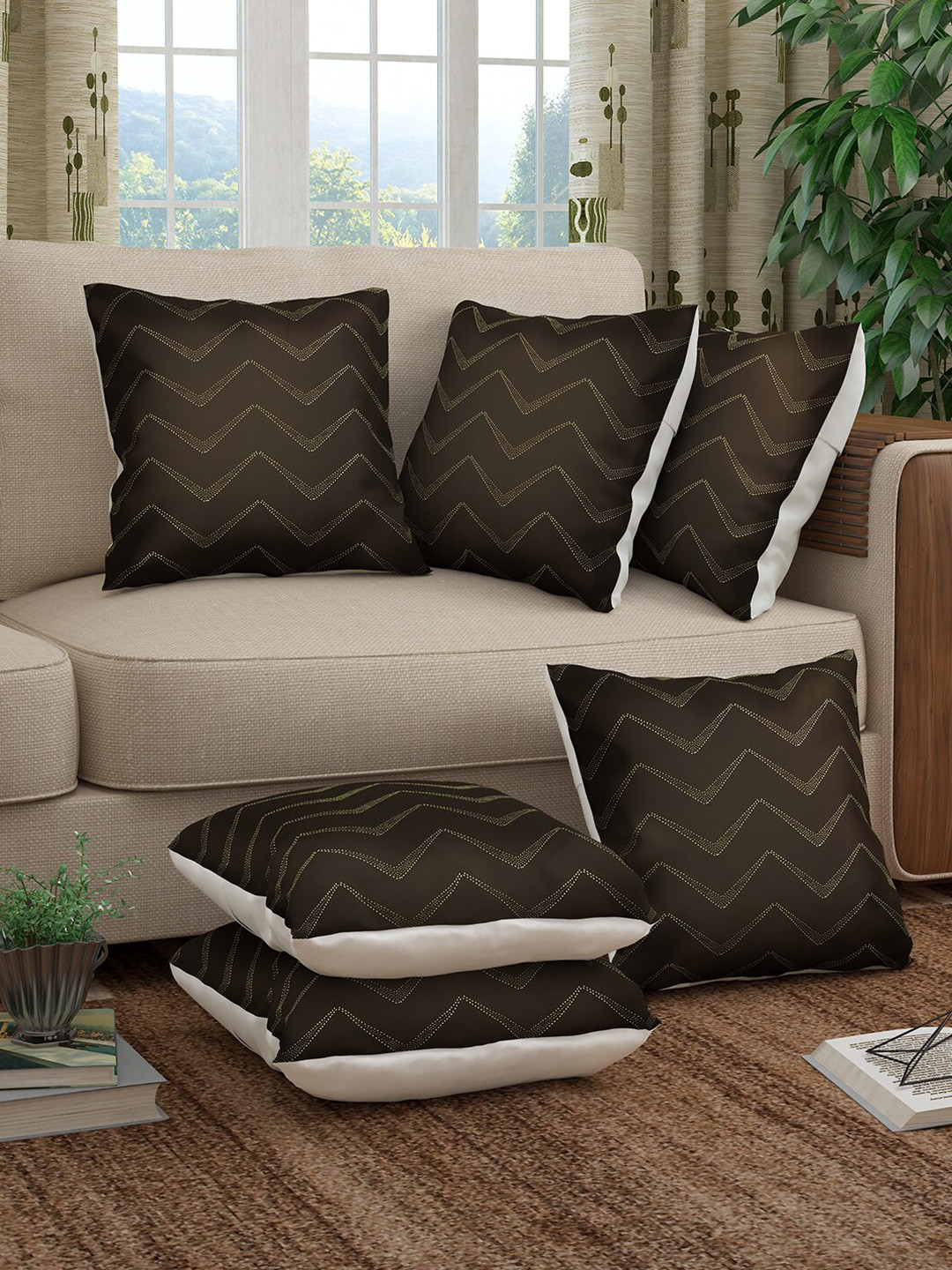 

Story@home Brown & Gold-Toned Set of 6 Geometric Square Cushion Covers
