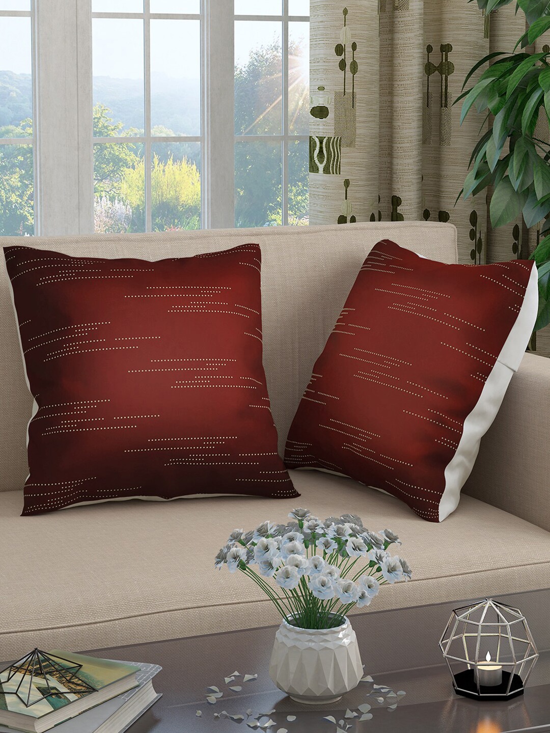 

Story@home Red & Beige Set of 2 Striped Square Cushion Covers