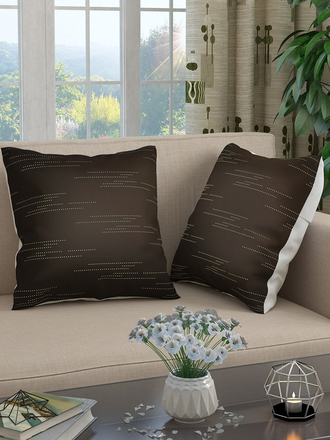 

Story@home Brown & White Set of 2 Striped Square Cushion Covers
