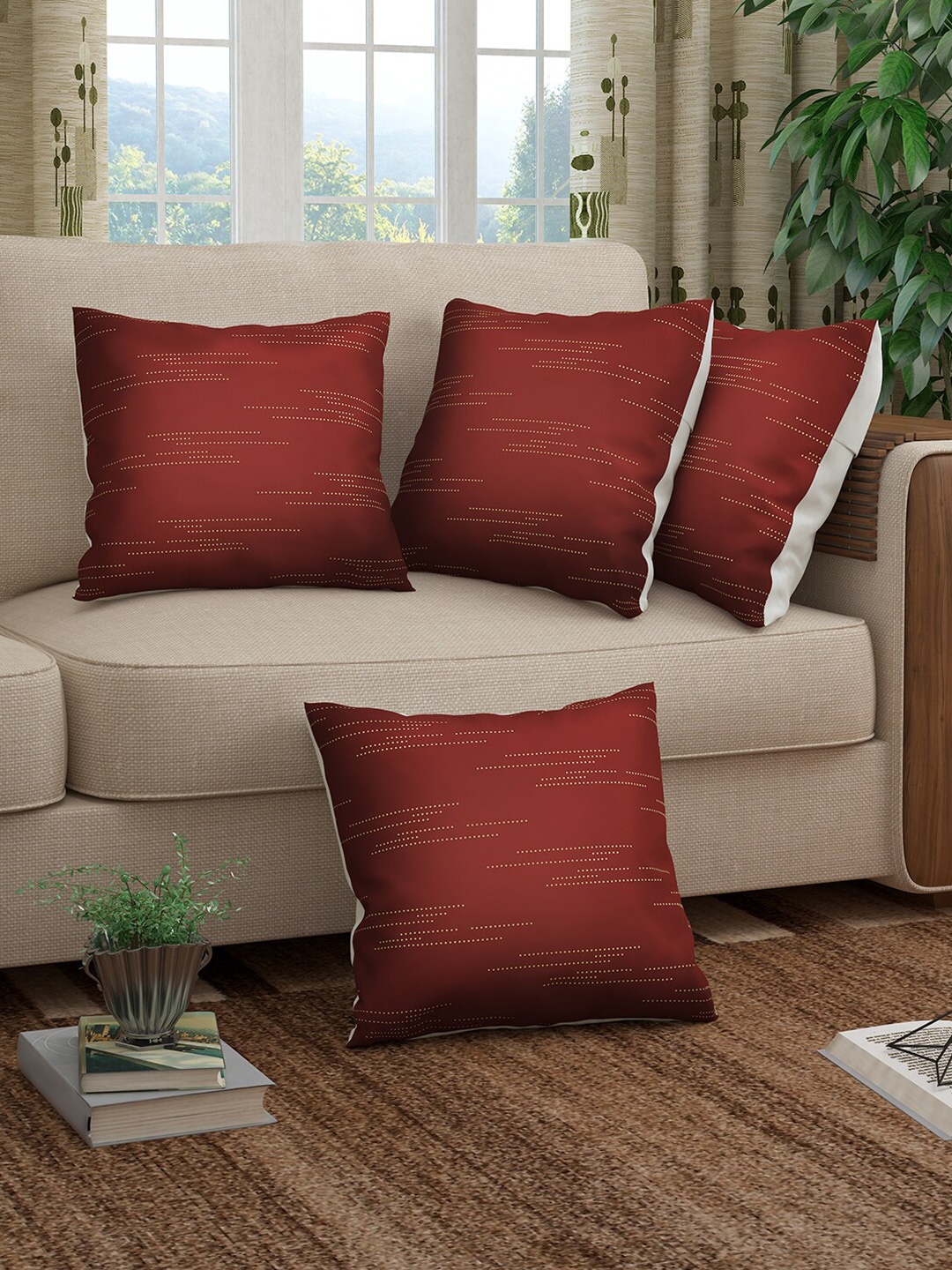 

Story@home Red & Gold-Toned Set of 4 Striped Square Cushion Covers