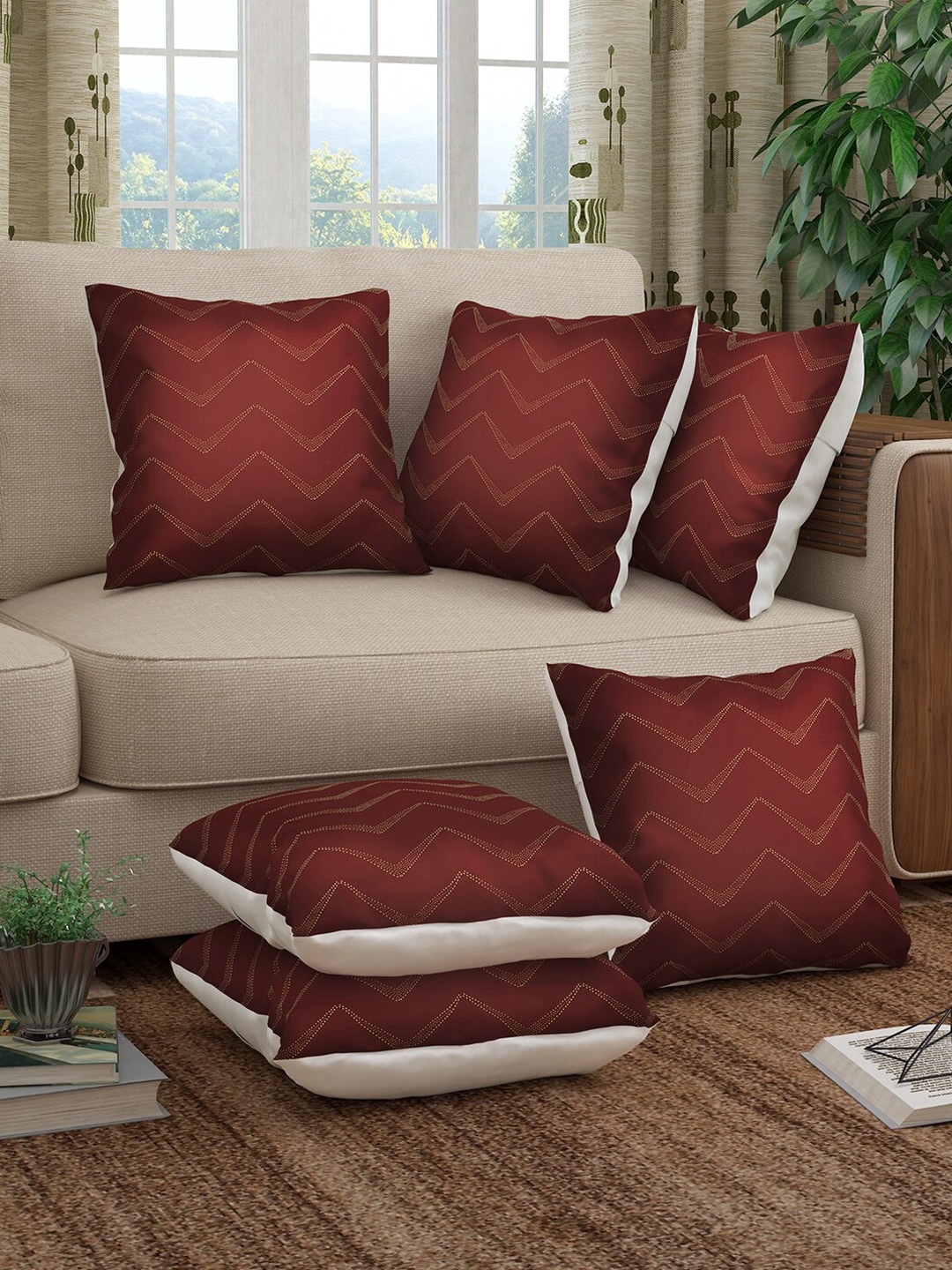 

Story@home Red & White Set of 6 Striped Square Cushion Covers