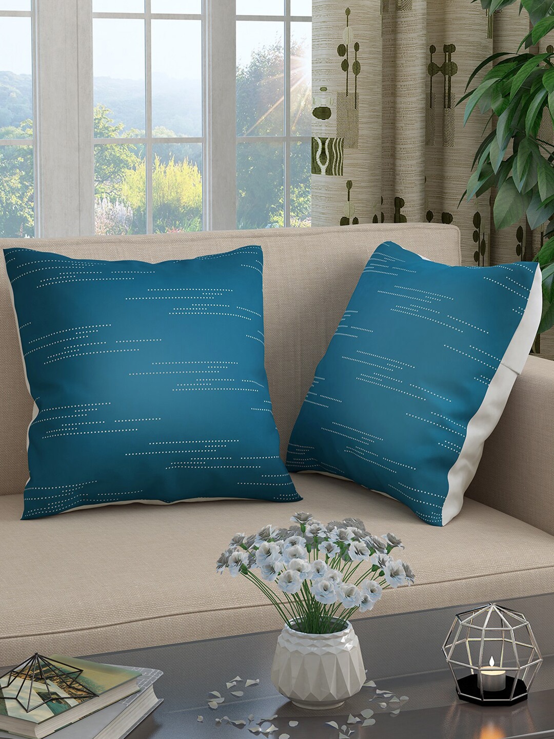 

Story@home Blue & Silver-Toned Set of 2 Striped Square Cushion Covers