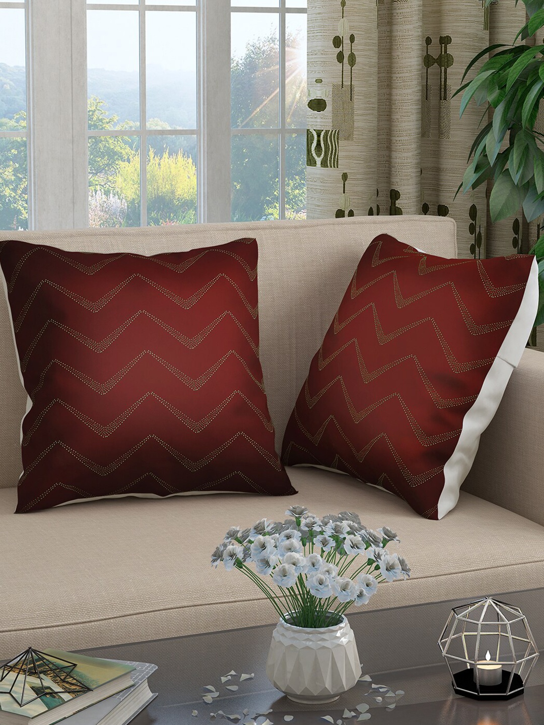 

Story@home Red & White Set of 2 Striped Square Cushion Covers