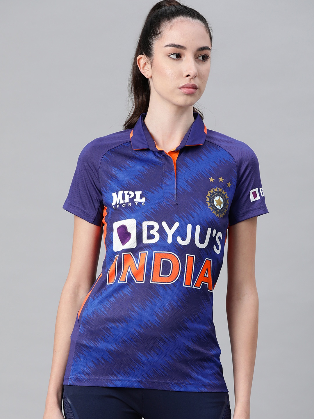 

MPL SPORTS Women Blue & White Printed Polo Collar T-shirt