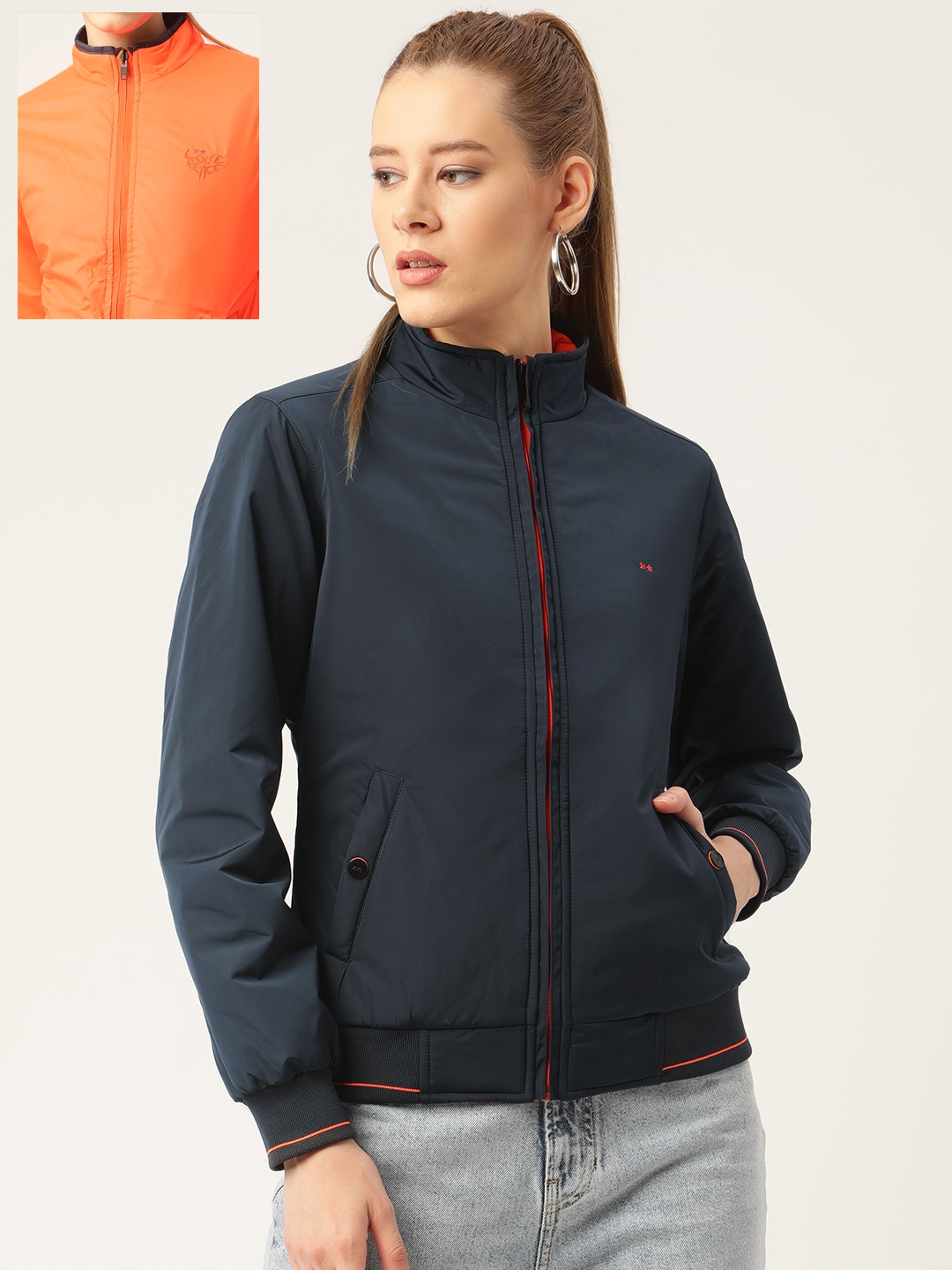 

Okane Women Navy & Neon Orange Solid Reversible Padded Jacket, Navy blue