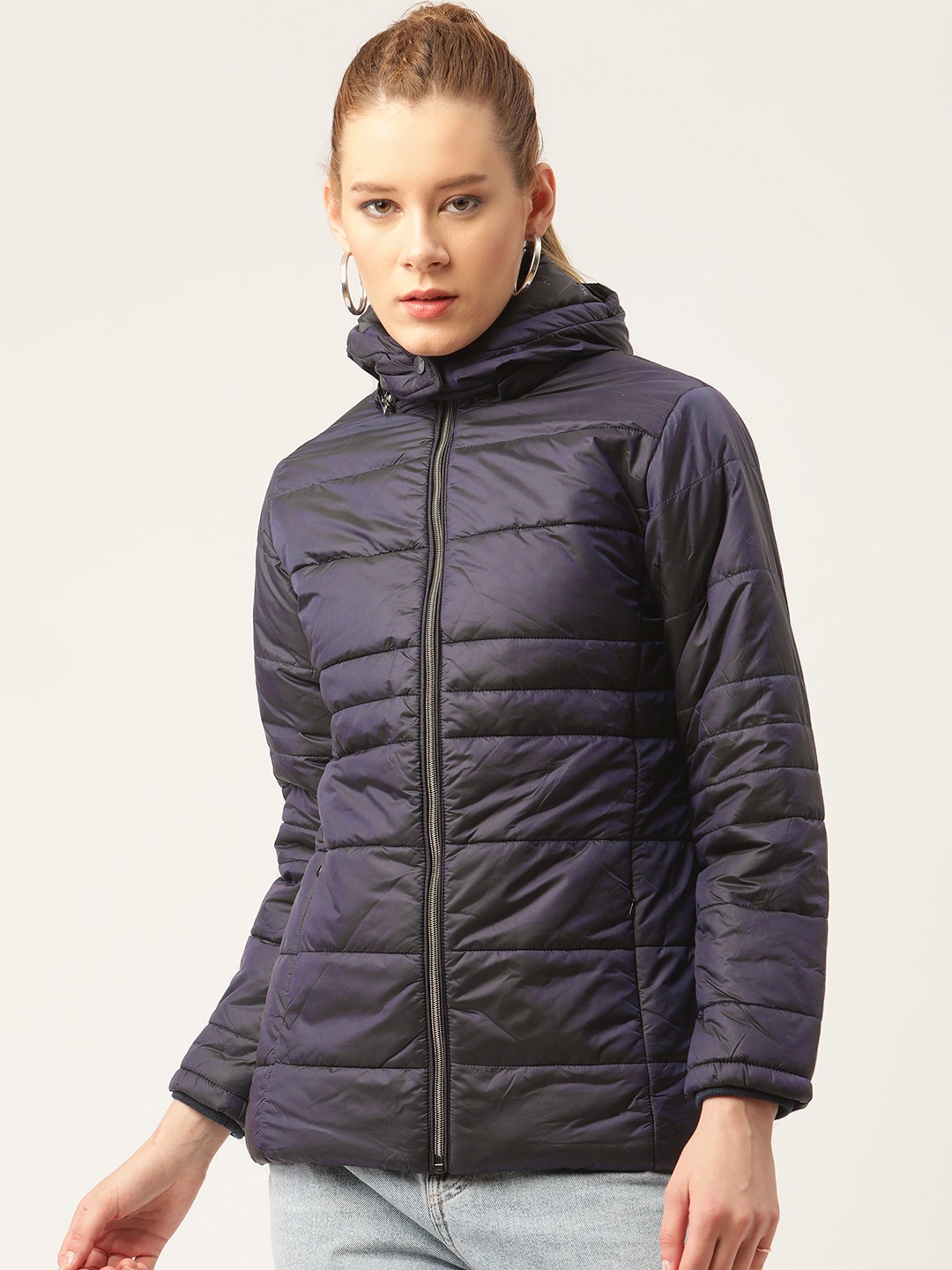 

Okane Women Navy Blue Solid Padded Jacket