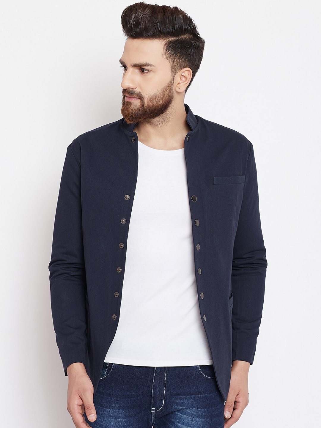 

CHILL WINSTON Men Navy Blue Bandgala Cotton Blazer