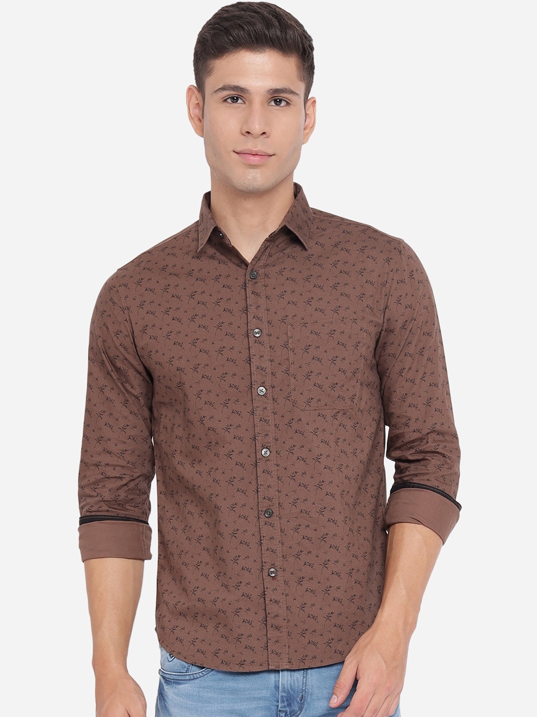 

Greenfibre Men Brown Slim Fit Floral Printed Opaque Cotton Casual Shirt