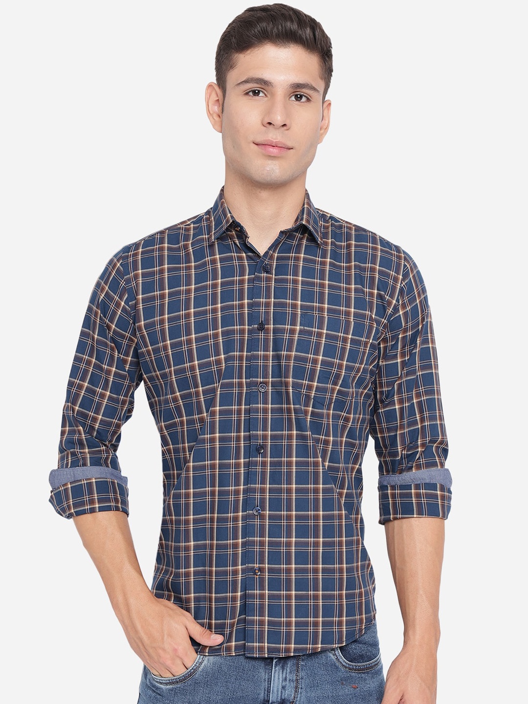 

Greenfibre Men Navy Blue Slim Fit Opaque Pure Cotton Checked Casual Shirt