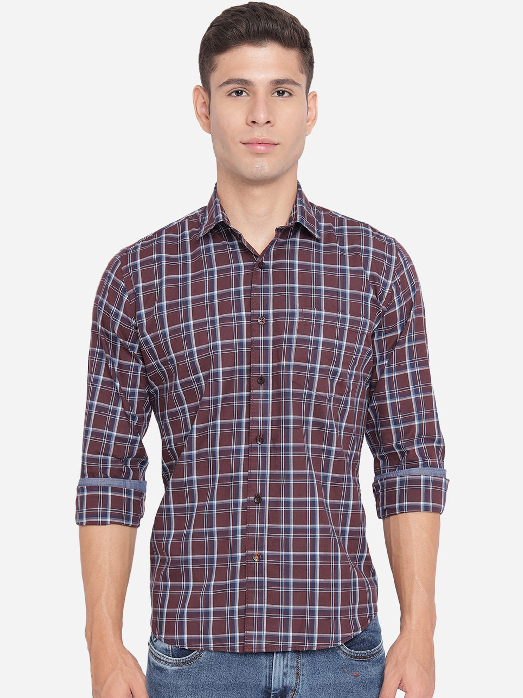 

Greenfibre Men Brown Slim Fit Pure Cotton Opaque Checked Casual Shirt