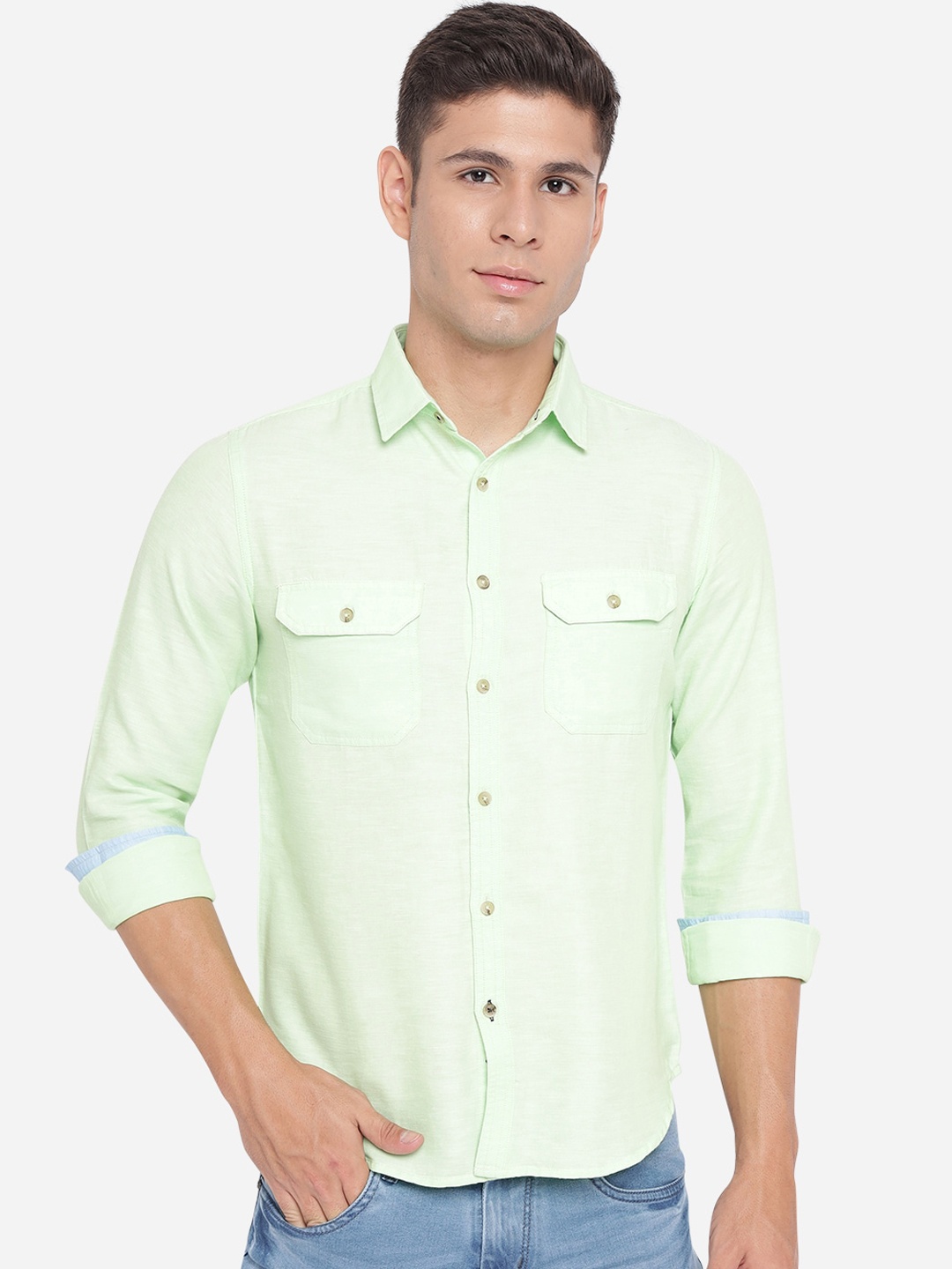 

Greenfibre Men Green Slim Fit Opaque Pure Cotton Casual Shirt