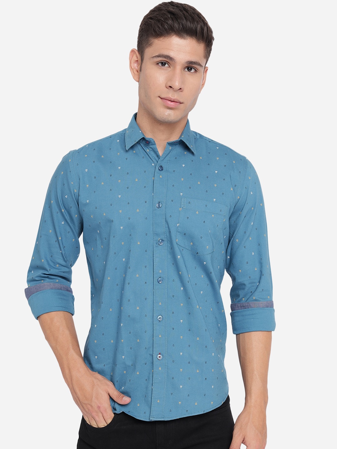 

Greenfibre Men Blue Slim Fit Opaque Printed Pure Cotton Casual Shirt