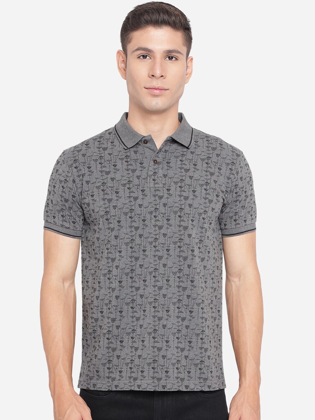 

Greenfibre Men Grey Printed Polo Collar Slim Fit T-shirt
