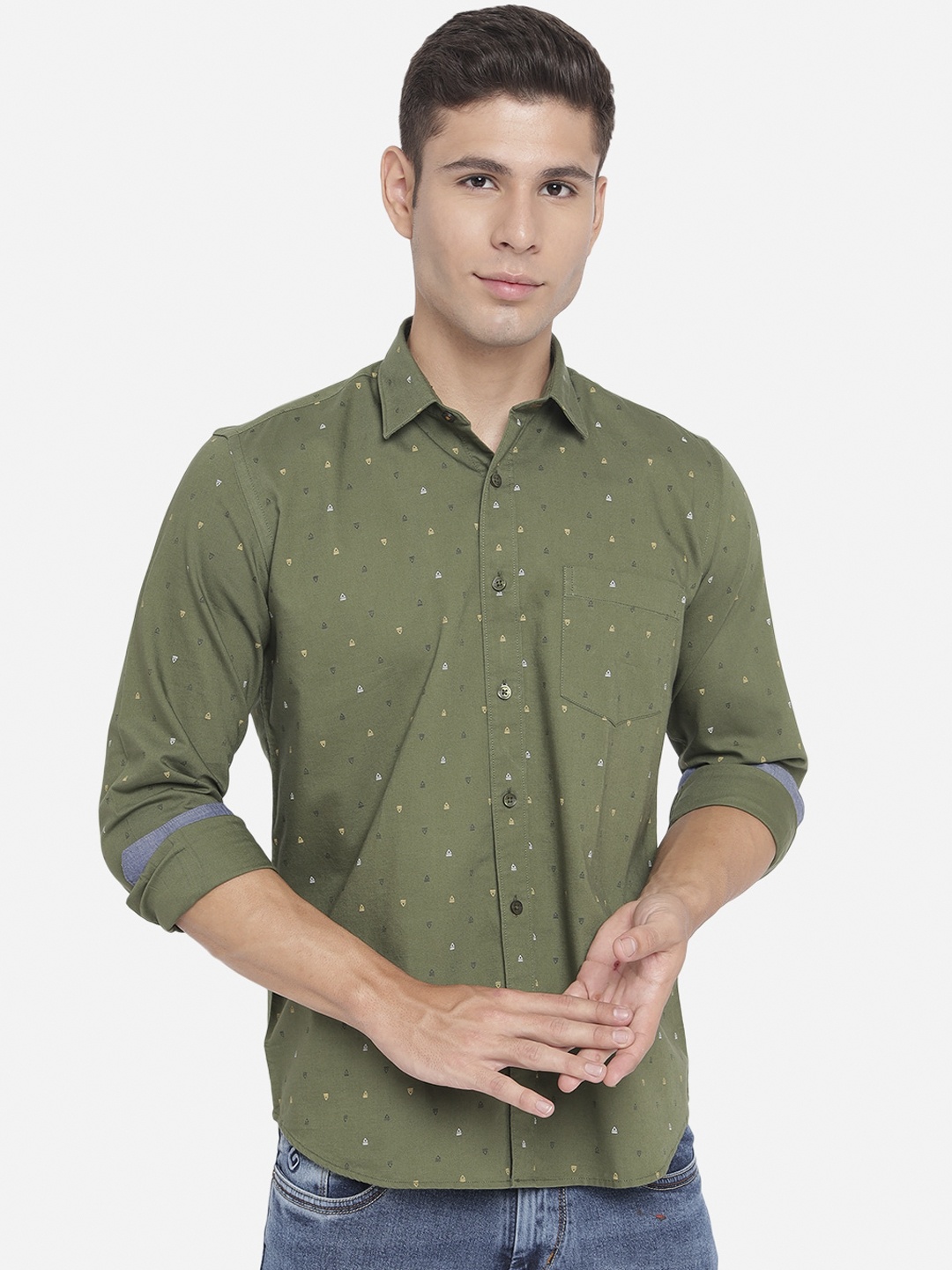 

Greenfibre Men Green Slim Fit Opaque Printed Casual Shirt