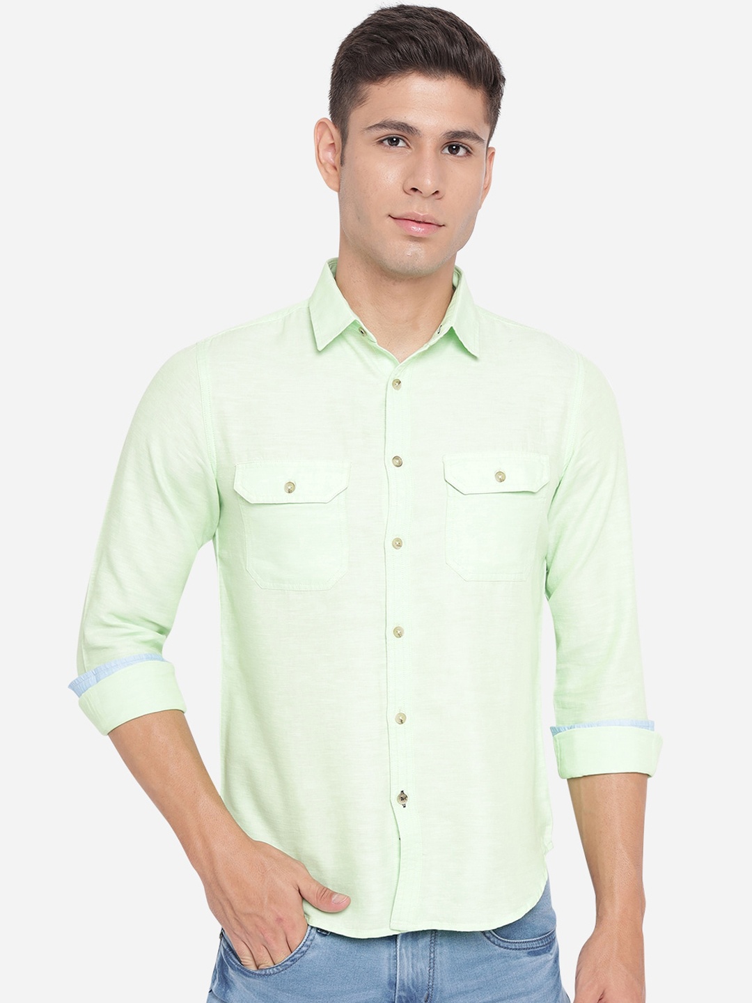 

Greenfibre Men Green Slim Fit Opaque Pure Cotton Casual Shirt