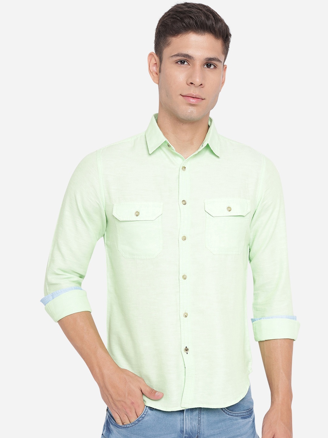 

Greenfibre Men Green Slim Fit Opaque Pure Cotton Casual Shirt