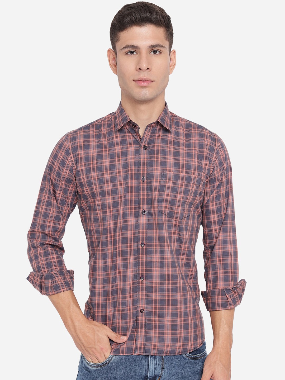

Greenfibre Men Pink Checked Slim Fit Casual Shirt