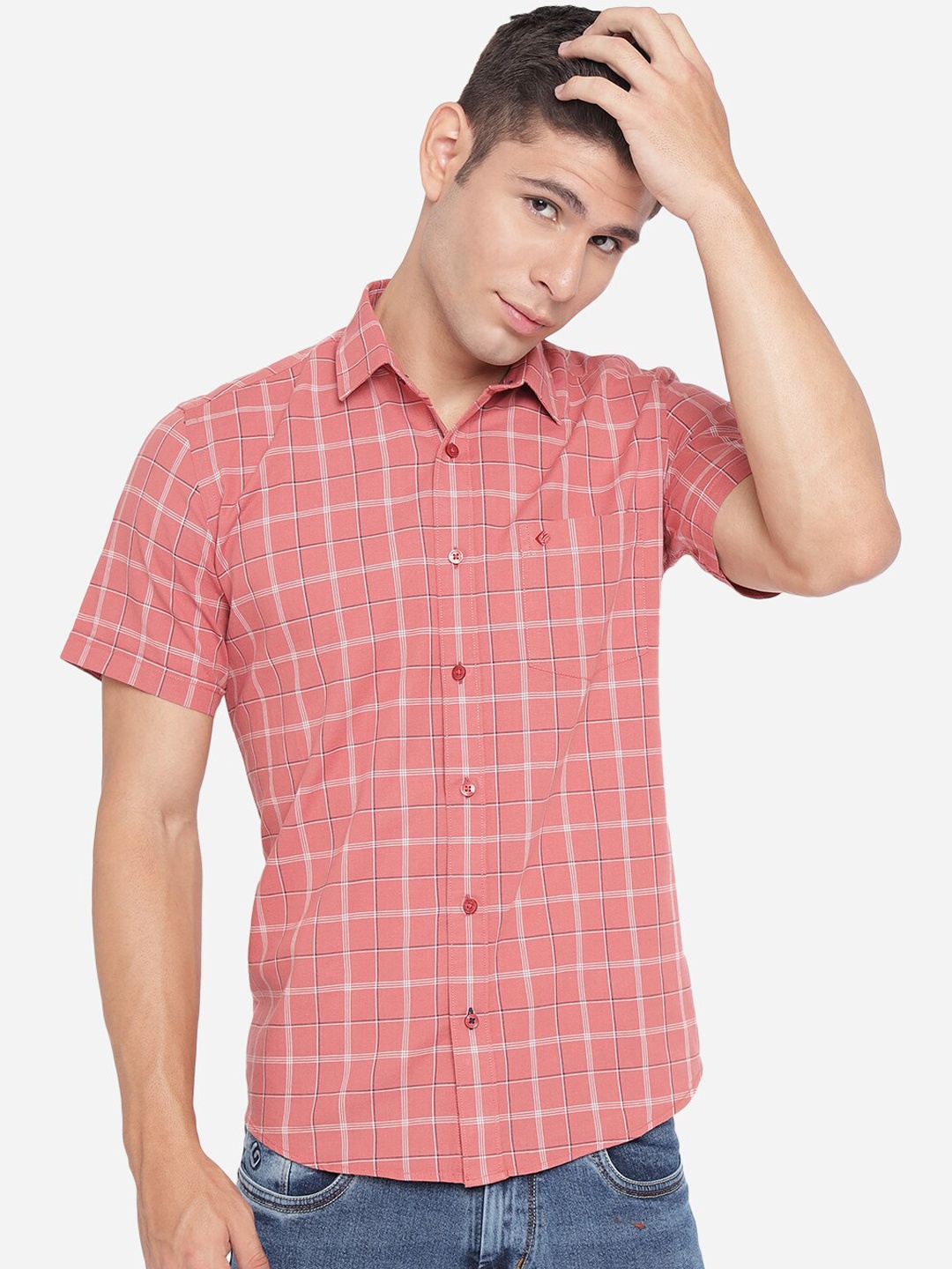 

Greenfibre Men Peach-Coloured Slim Fit Windowpane Checks Opaque Checked Casual Shirt