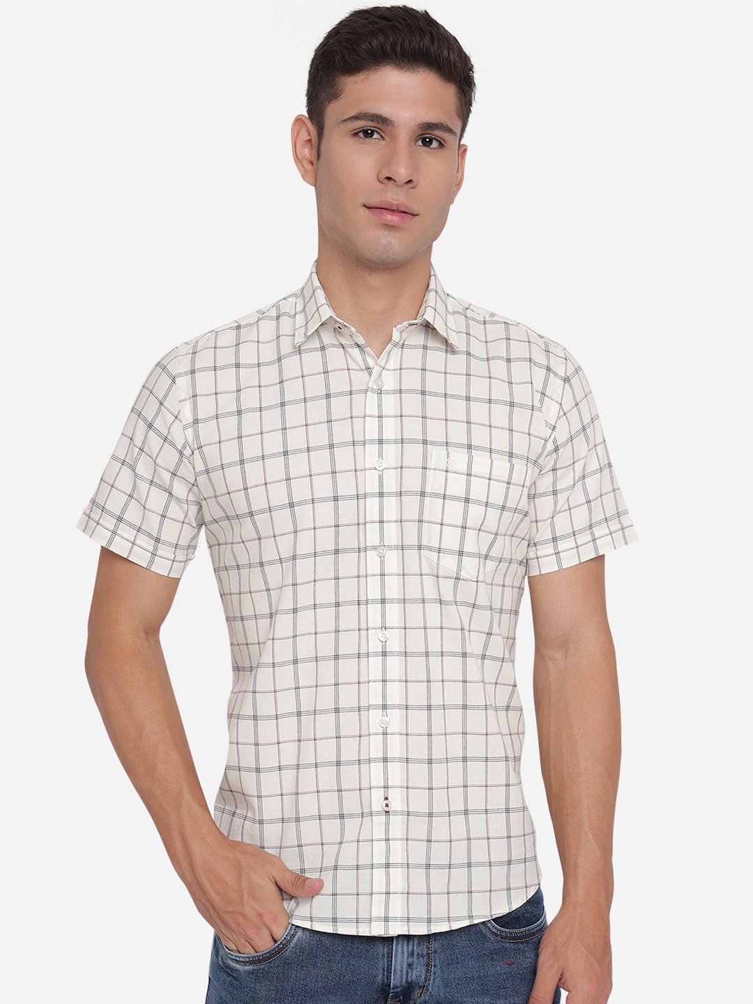 

Greenfibre Men White Slim Fit Tartan Checks Opaque Checked Casual Shirt