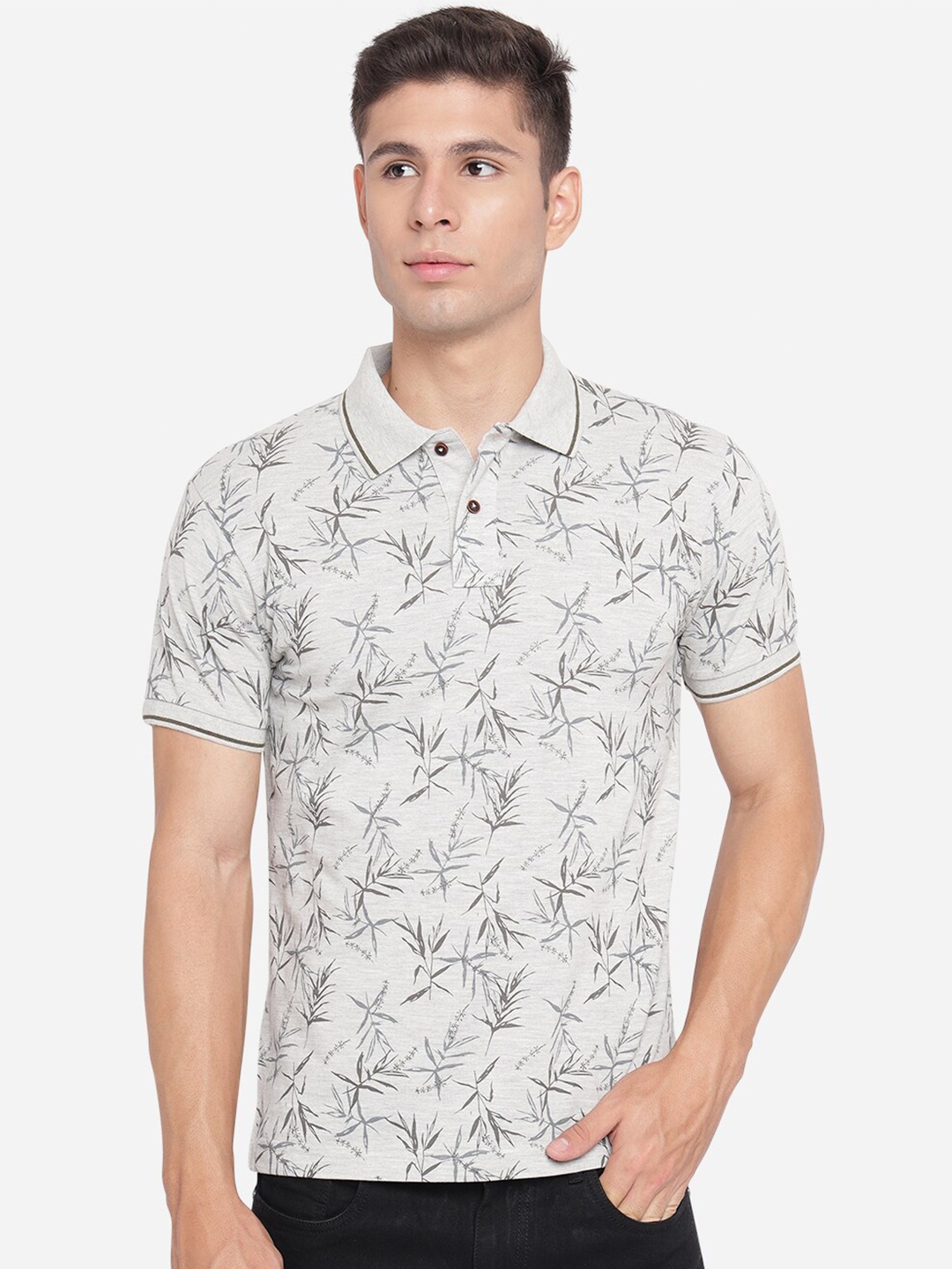 

Greenfibre Men Grey & Black Floral Printed Polo Collar Slim Fit T-shirt