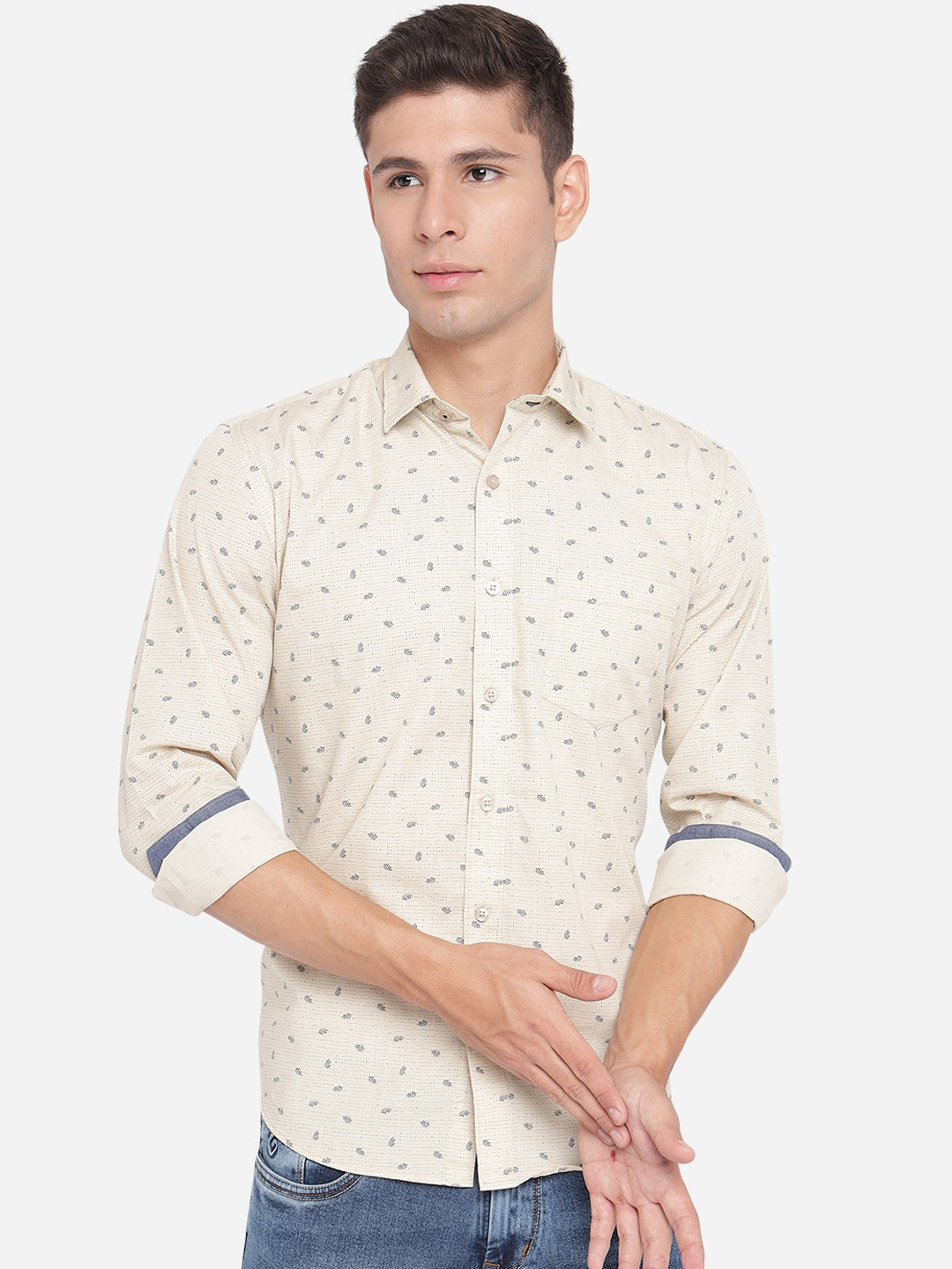 

Greenfibre Men Beige Slim Fit Floral Opaque Printed Cotton Casual Shirt