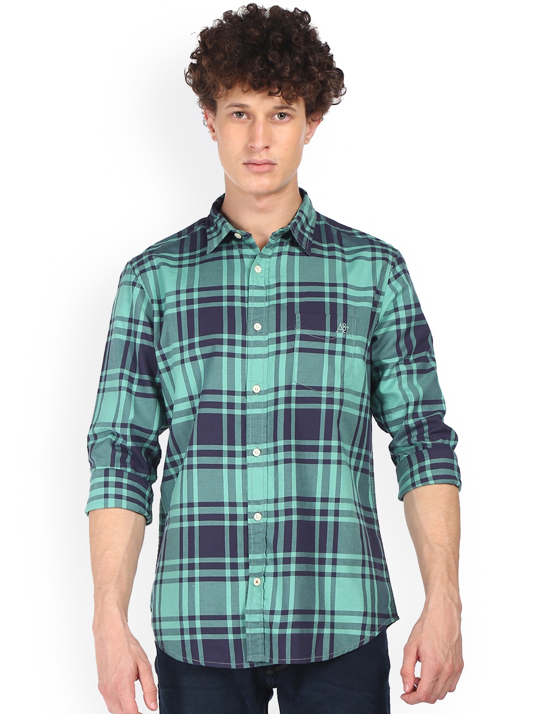 

Aeropostale Men Green & Navy Blue Tartan Checked Opaque Pure Cotton Casual Shirt