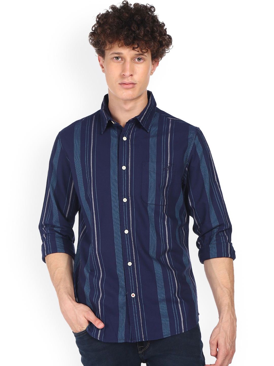 

Aeropostale Men Navy Blue Opaque Striped Pure Cotton Casual Shirt