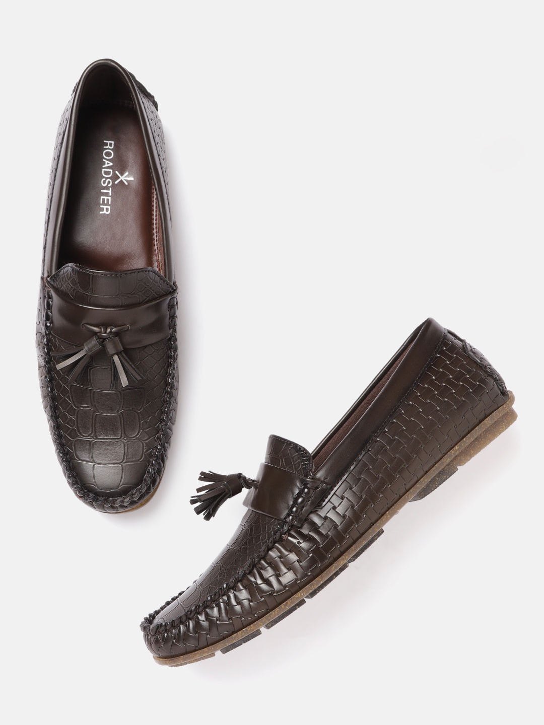 

Roadster Men Coffee Brown Croc & Basket Weave Textured Loafers