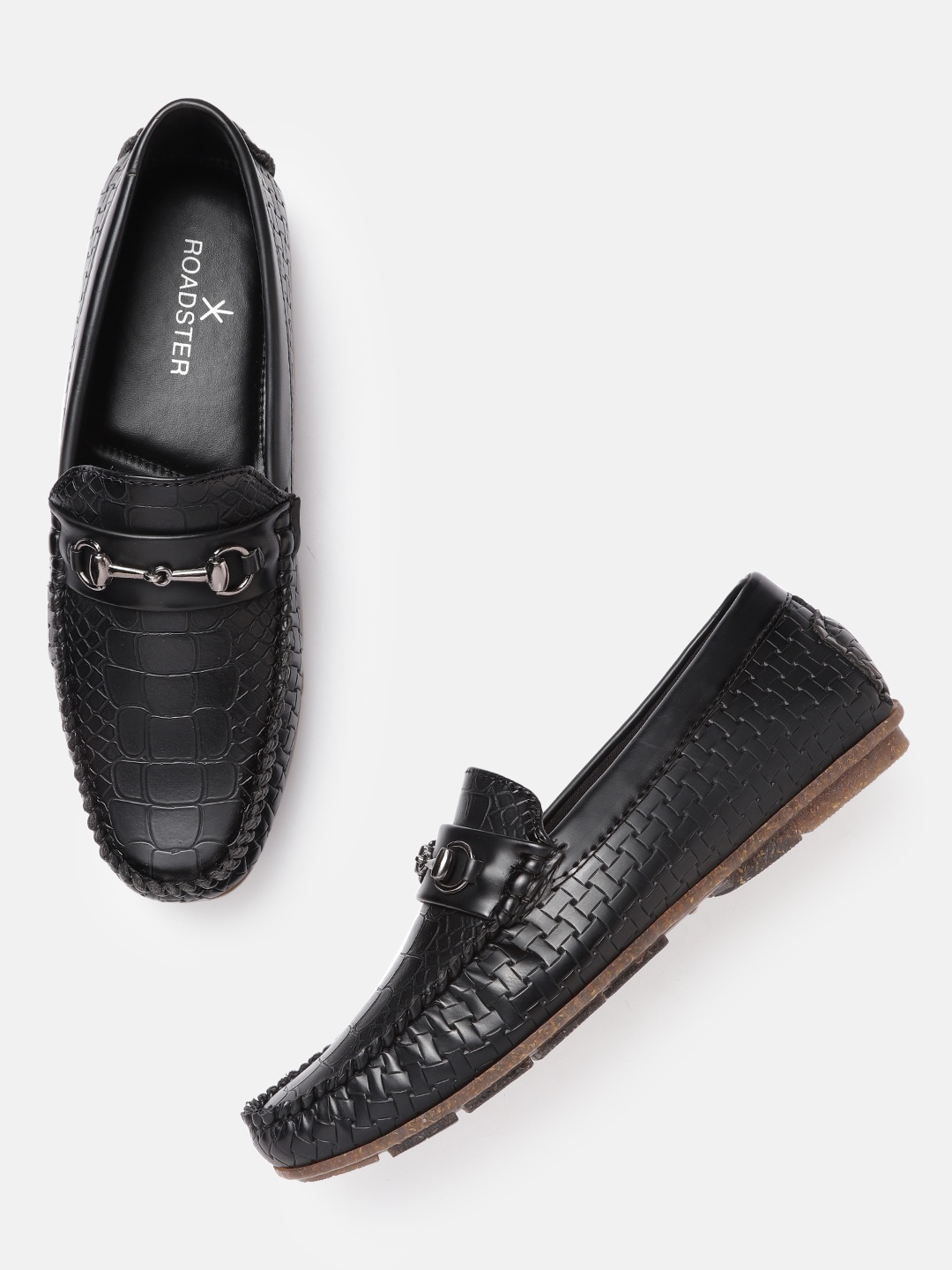 

The Roadster Lifestyle Co Men Black Croc Basketweave Textured Horsebit Loafers
