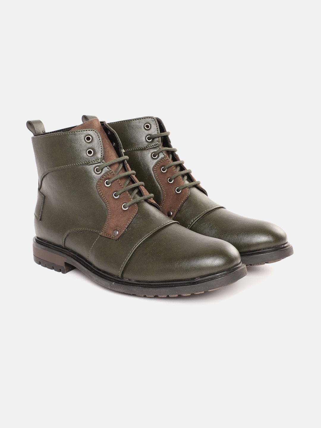 

The Roadster Lifestyle Co Men Olive Green & Brown Solid Mid-Top Flat Boots
