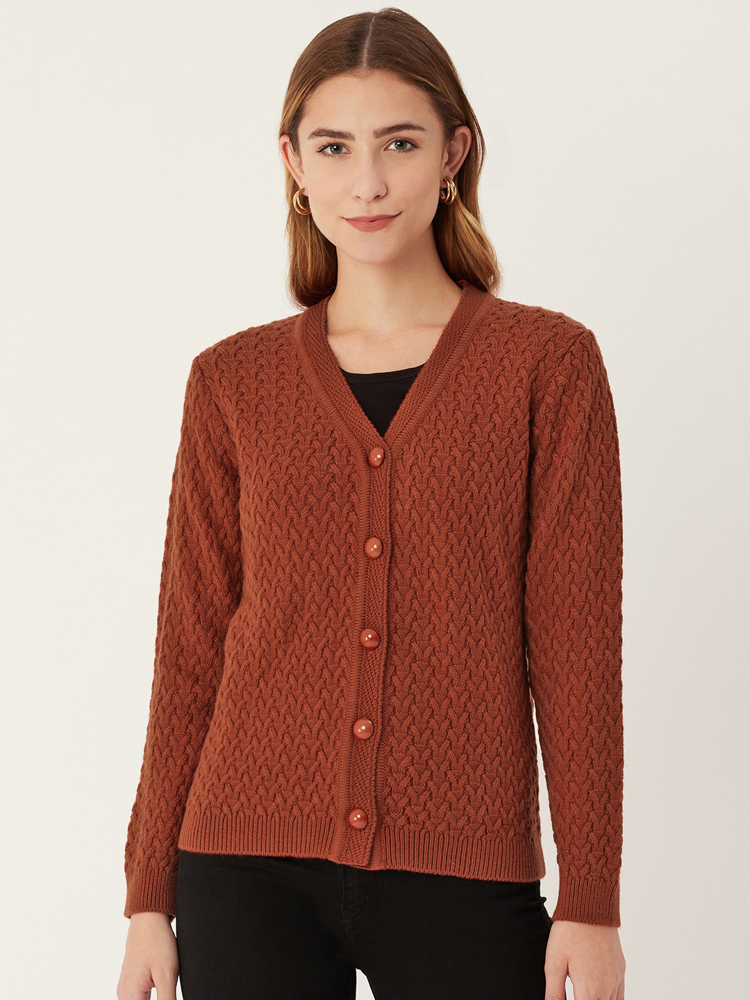 

Madame Women Rust Brown Self-Design Cardigan