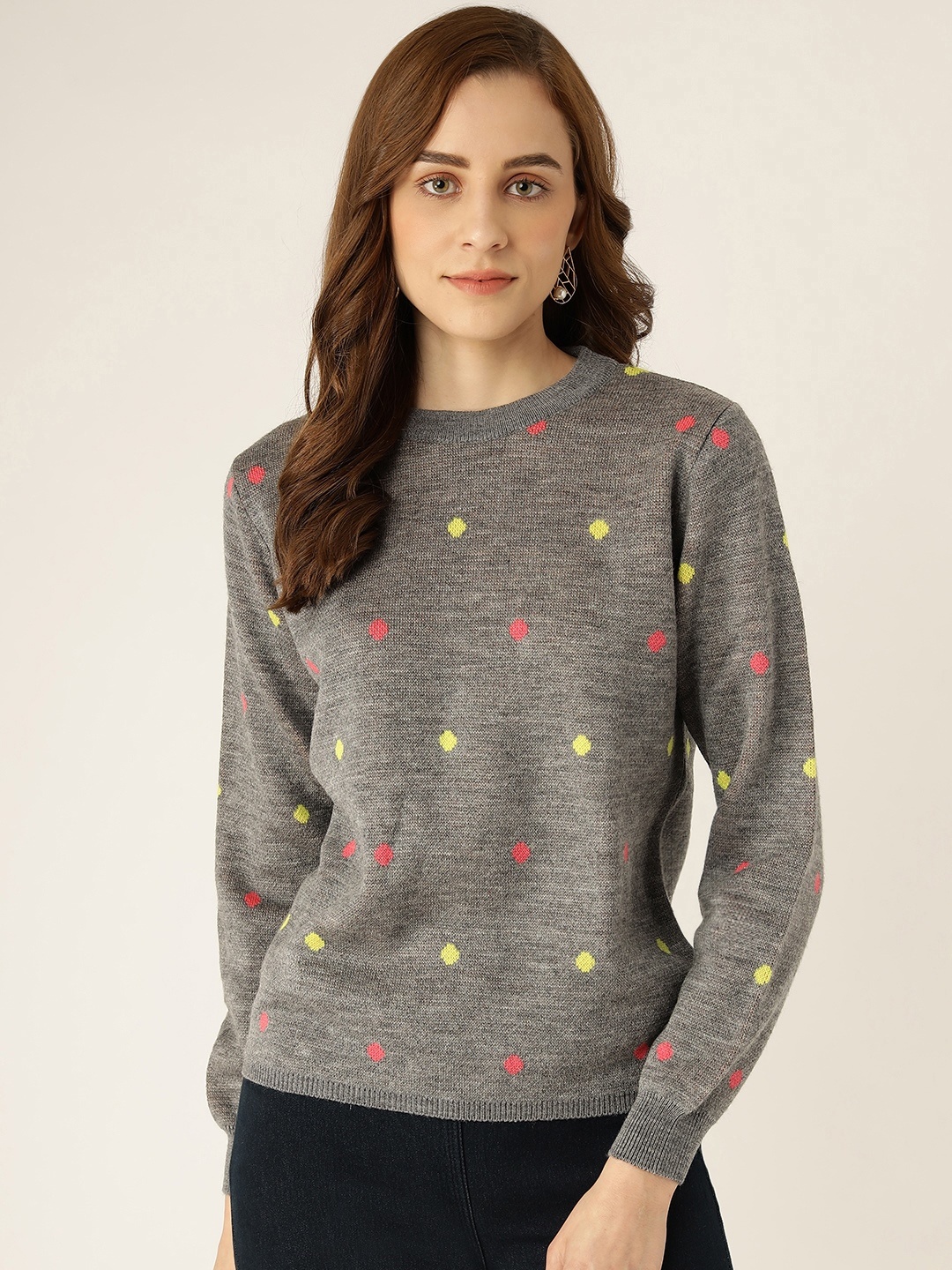 

Madame Women Grey Melange & Coral Pink Geometric Patterned Pullover