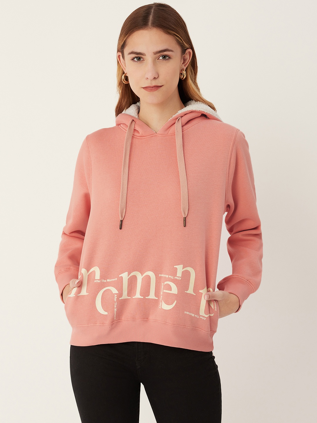 

Madame Women Peach-Coloured Printed Hooded Sweatshirt