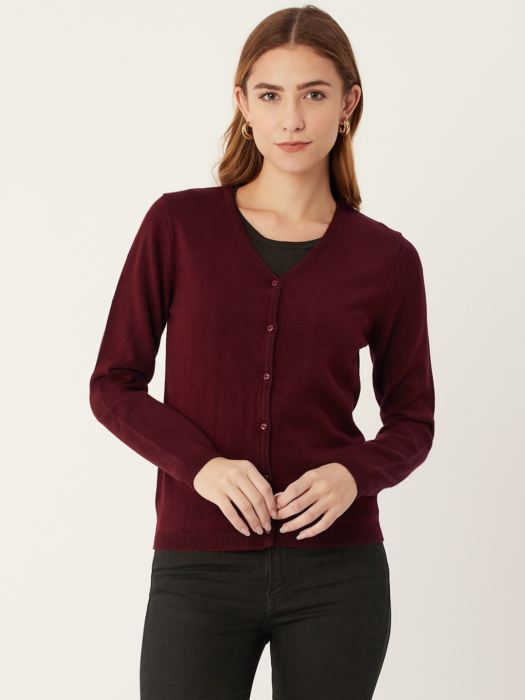 

Madame Women Burgundy Solid Cardigan