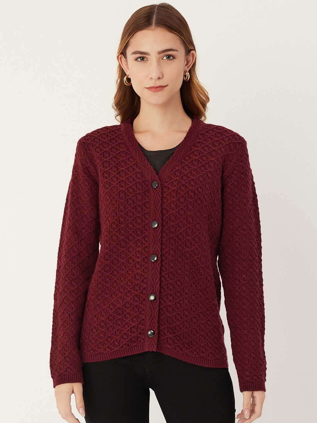 

Madame Women Maroon Self Design Cardigan