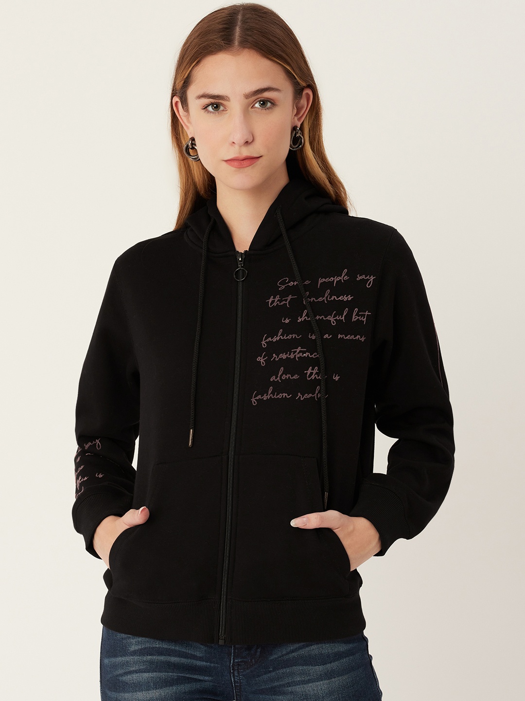 

Madame Women Black Printed Hooded Sweatshirt