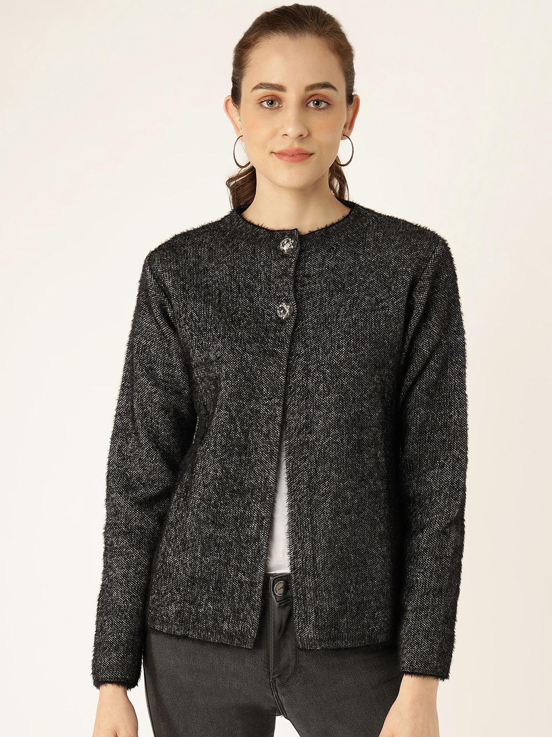 

Madame Women Black Solid Front-Open Sweater