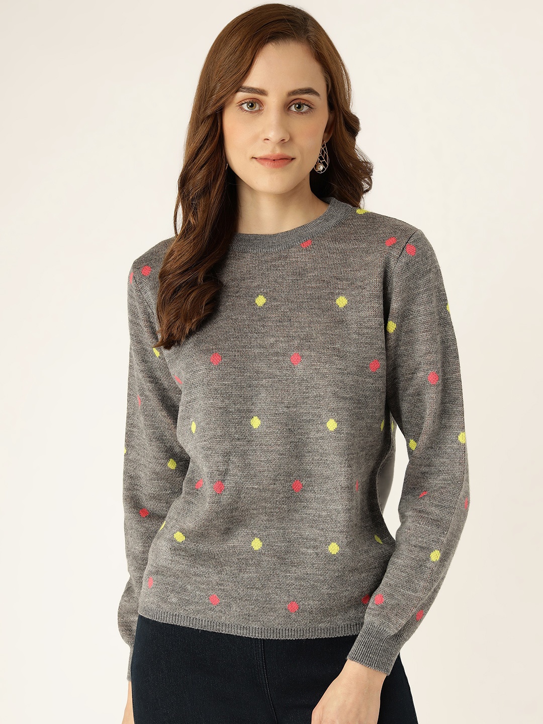 

Madame Women Grey Melange & Coral Pink Geometric Patterned Pullover